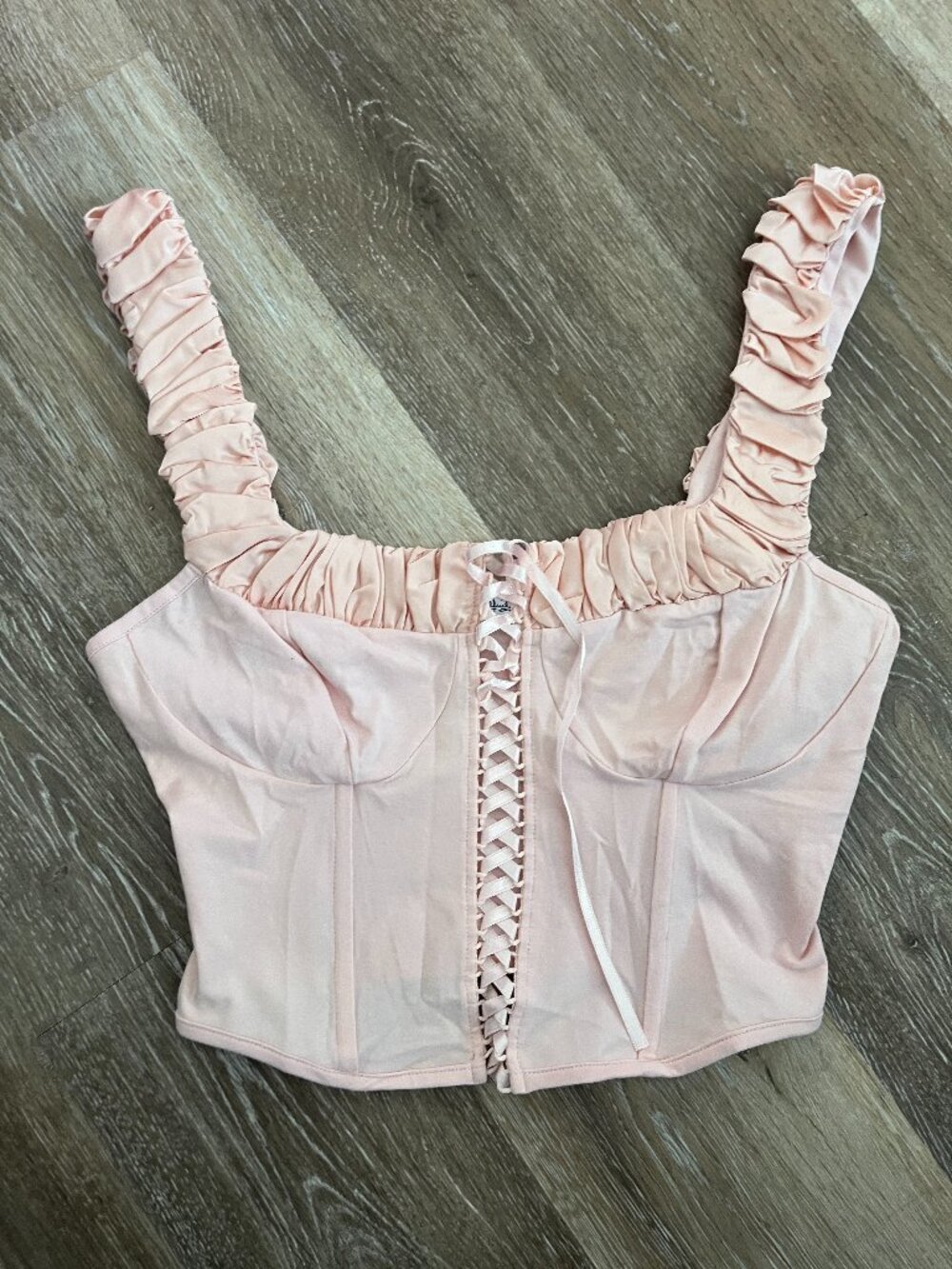 Baby Pink Lace-Up Satin Detail Corset Top